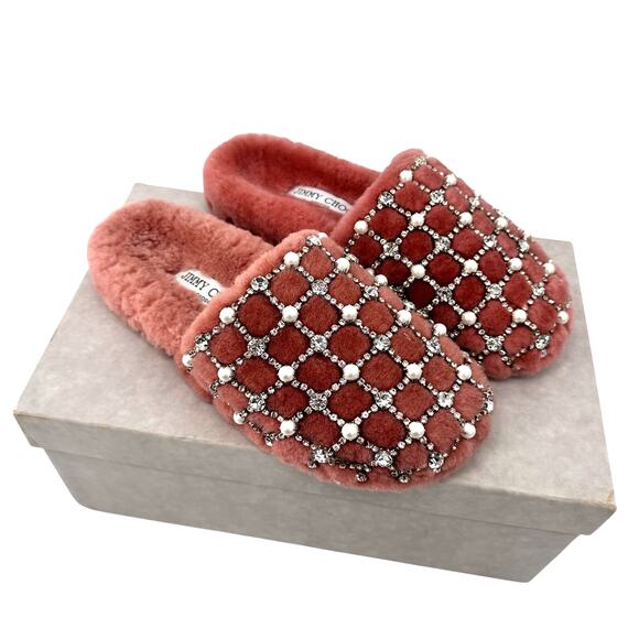 Jimmy Choo Fancy Crystal Blush Pearl Shearling Mules Slippers Size 6 NWT - Picture 2 of 9